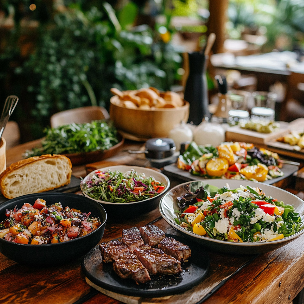 A warm, appetizing table featuring garlic butter steak bites, colorful salads, and fresh bread, set on rustic wood with natural light highlighting the textures and colors. A cozy kitchen background adds a homely touch.