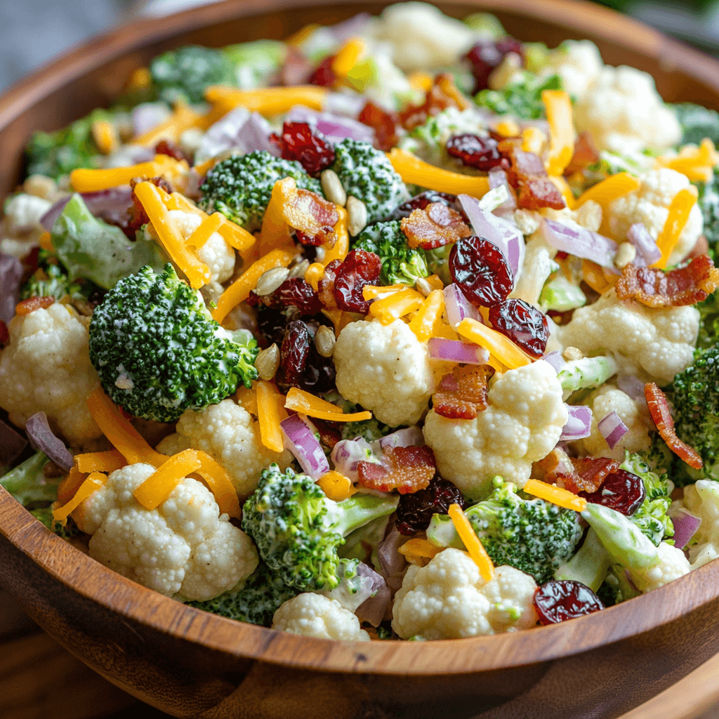 A colorful broccoli cauliflower salad in a wooden bowl, featuring fresh green broccoli, white cauliflower, red onions, cheddar cheese, bacon crumbles, sunflower seeds, and dried cranberries, coated in a creamy dressing.