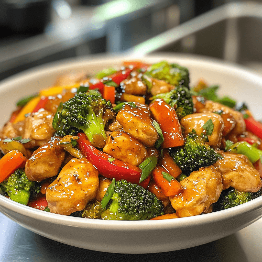 Close-up of a vibrant honey garlic chicken stir fry, featuring tender chicken pieces, colorful vegetables like bell peppers, broccoli, and carrots, coated in a glossy honey garlic sauce. The dish is served in a shallow bowl, showcasing the bright colors of the vegetables and the shine of the sauce, conveying a fresh, healthy meal.