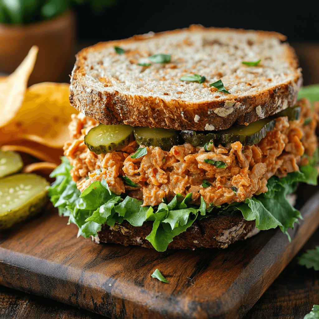 A kimchi tuna sandwich with creamy tuna salad, spicy kimchi, fresh lettuce, and pickles between two slices of toasted whole grain bread, served with chips and a pickle spear.