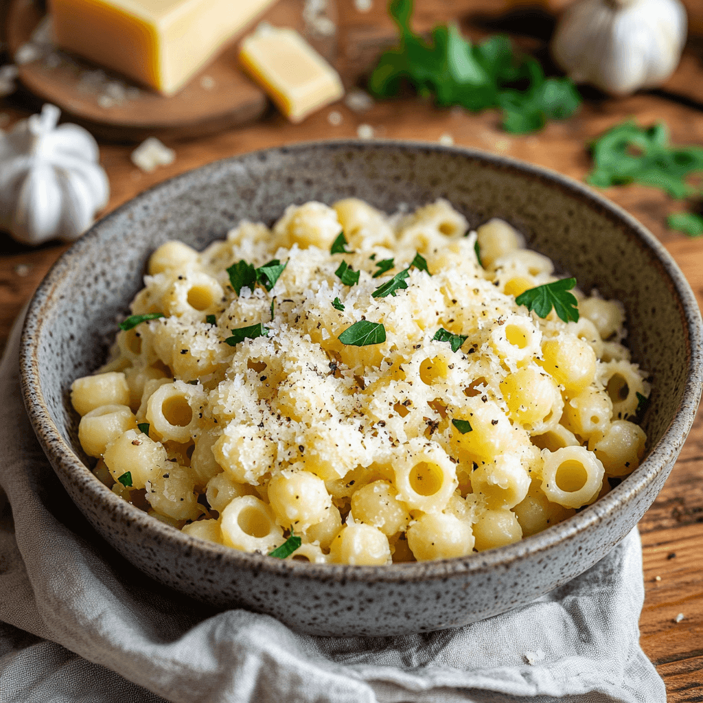 A comforting bowl of ditalini pasta served with fresh herbs, vibrant vegetables, and a light tomato broth, garnished with grated Parmesan cheese for a cozy family meal.