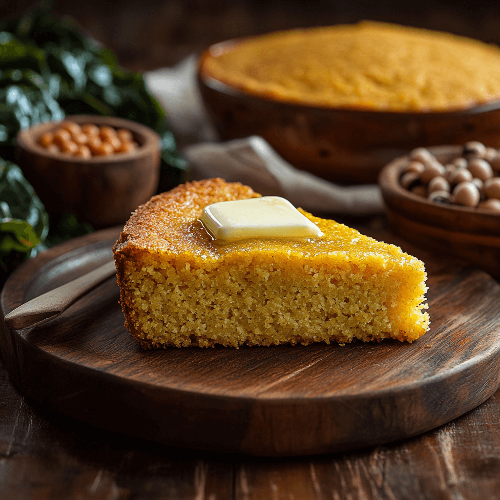 A slice of golden-brown Southern cornbread on a rustic wooden plate, topped with melting butter, surrounded by classic Southern side dishes in a cozy kitchen setting.