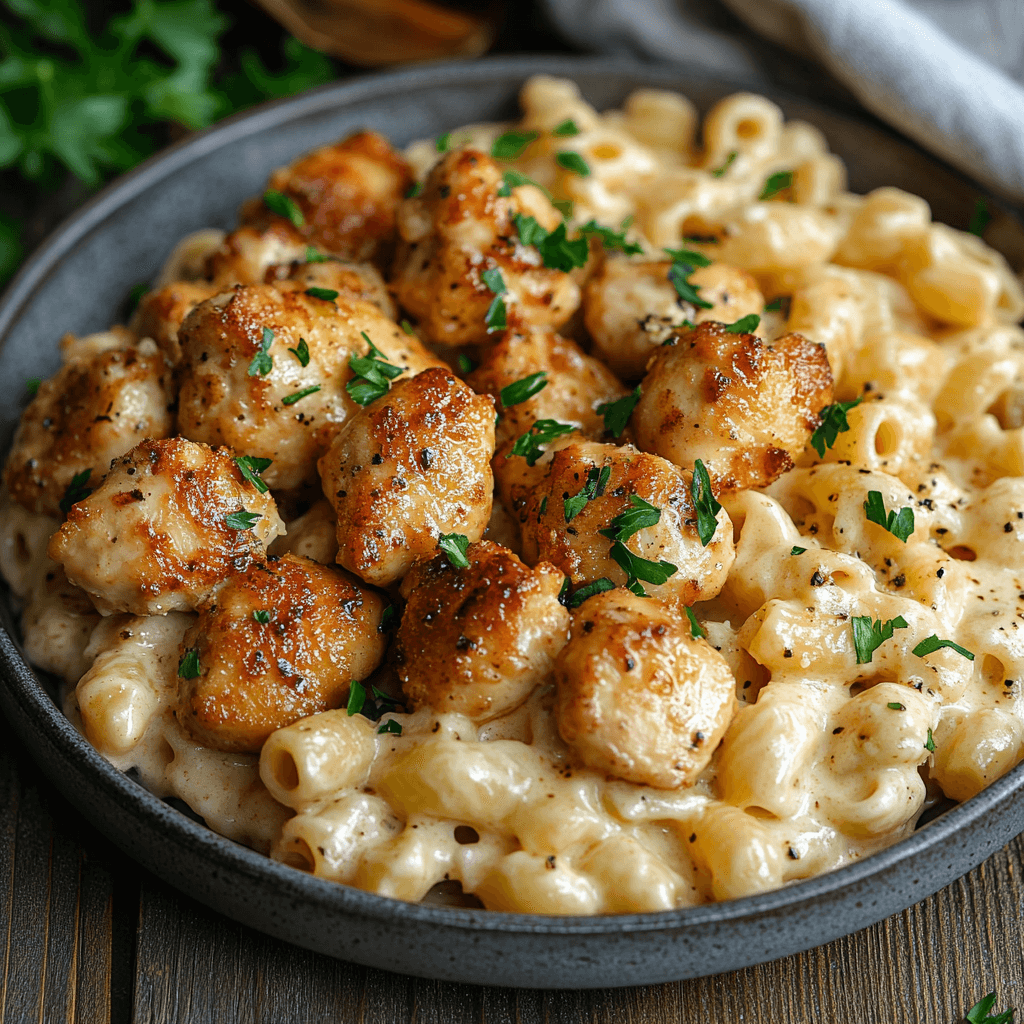 Garlic butter chicken bites served with creamy parmesan pasta, garnished with fresh parsley, on a rustic wooden table.