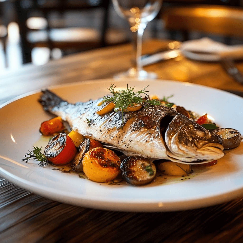 A beautifully plated branzino dish garnished with fresh herbs, served with vibrant roasted vegetables on a rustic wooden table, creating an elegant and inviting dining experience.