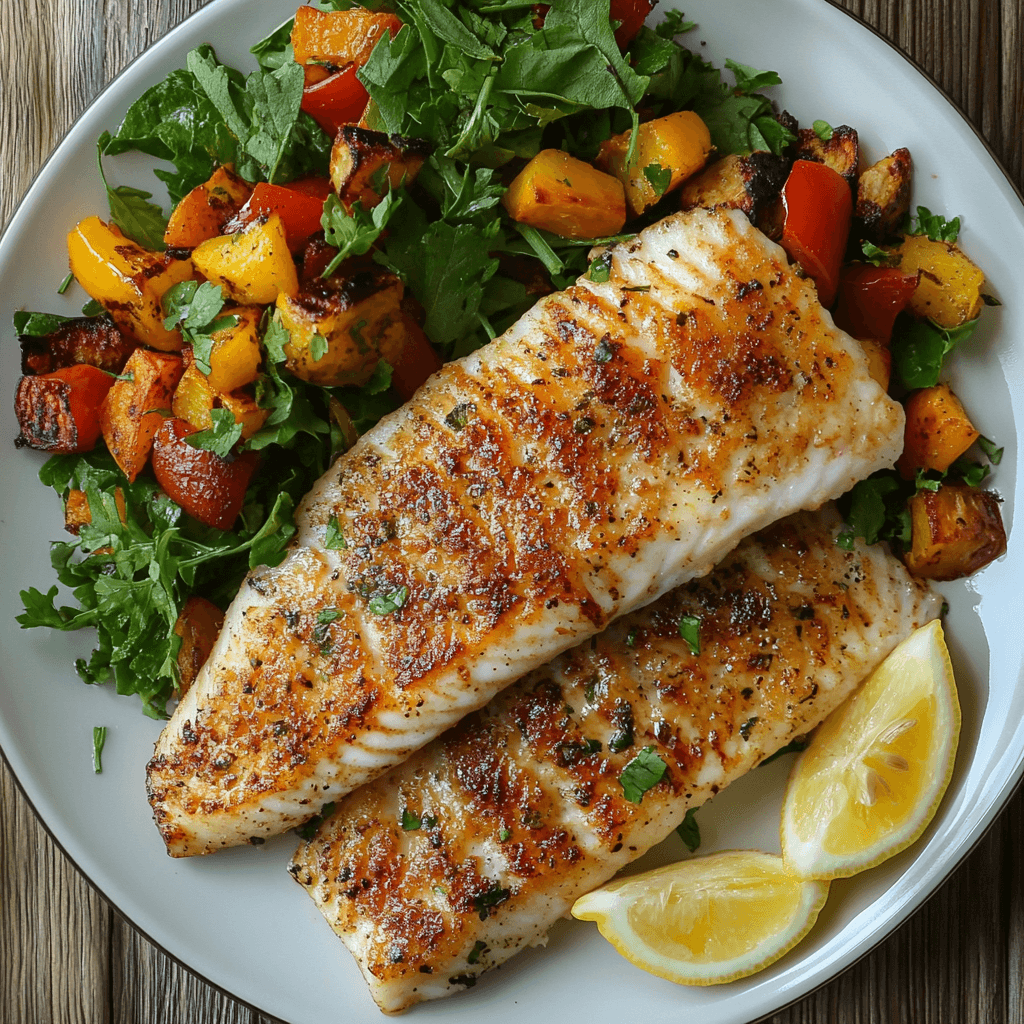 A plate of grilled rockfish fillets served with roasted vegetables, green salad, and lemon wedges, showcasing a healthy and delicious seafood meal.