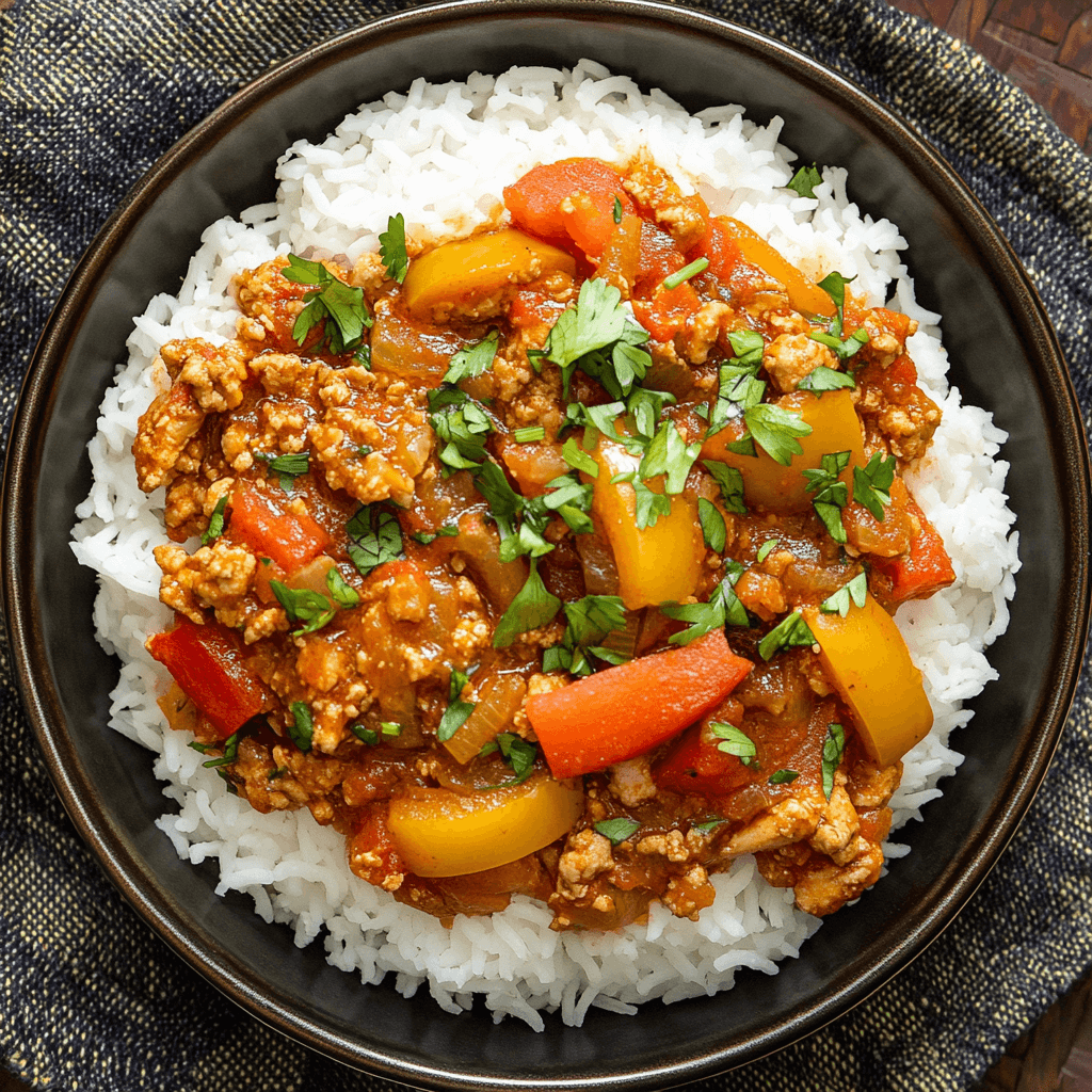 A comforting and vibrant dish of ground chicken with bell peppers, onions, and garlic, served over white rice. The dish is garnished with fresh parsley and accompanied by a rich tomato sauce, all presented in a cozy, rustic kitchen setting. The colors are warm and inviting, with rich reds, greens, and yellows, evoking a sense of home-cooked comfort.