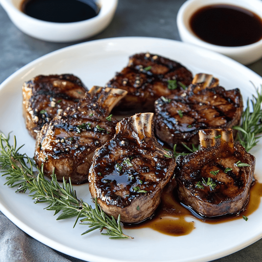 Grilled balsamic lamb chops with a rich glaze, garnished with fresh herbs, served on a plate for a delicious dinner.