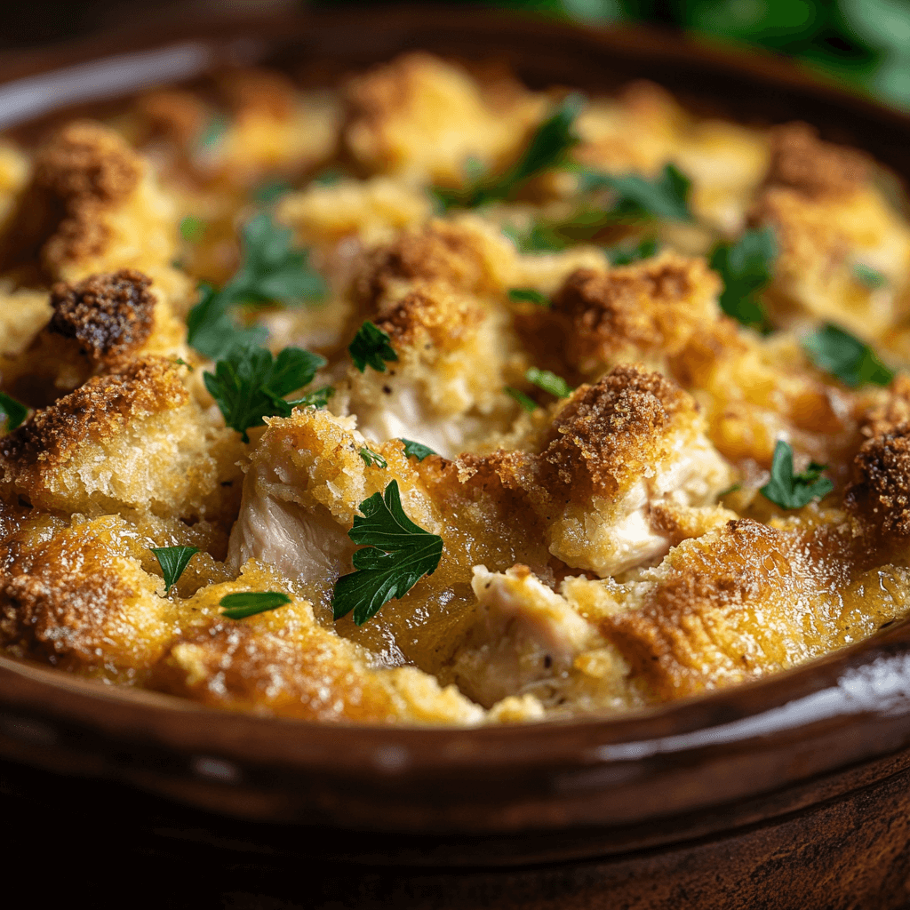 Close-up of a golden-brown chicken and dressing casserole with a crispy top, served in a rustic baking dish. The layers of tender chicken, cornbread dressing, and savory broth are visible, garnished with fresh parsley. Soft lighting creates a warm, inviting atmosphere in a cozy kitchen setting.