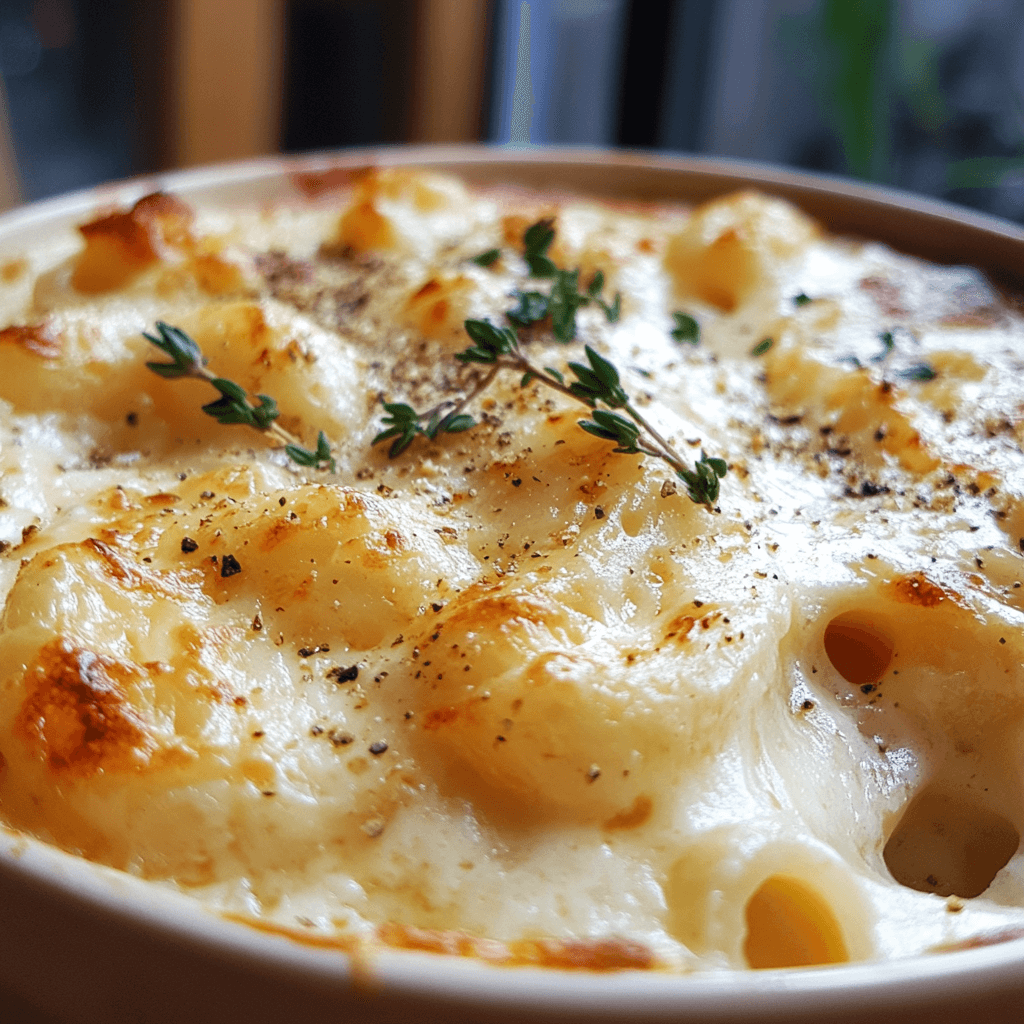 Close-up of creamy, golden mac and cheese with gooey melted cheese stretching from the pasta. The dish has a slight golden-brown crust on top, garnished with freshly ground black pepper and fresh herbs. The mac and cheese is served in a rustic dish, creating a warm, comforting atmosphere with soft lighting and a homey kitchen setting.