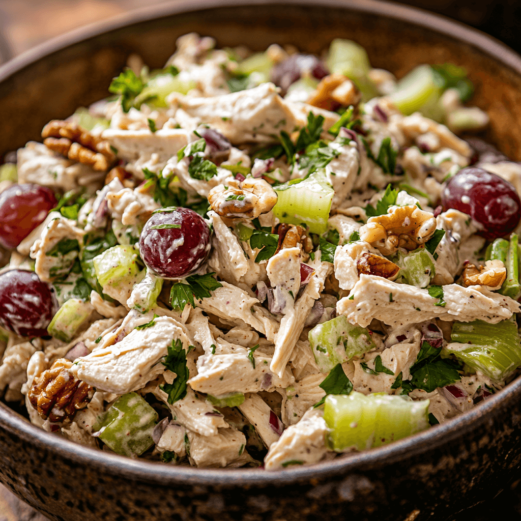 Close-up of a vibrant chicken salad with shredded chicken, red grapes, crunchy celery, walnuts, and a creamy dressing, garnished with parsley. The dish is served in a rustic bowl, with soft natural lighting highlighting the textures.