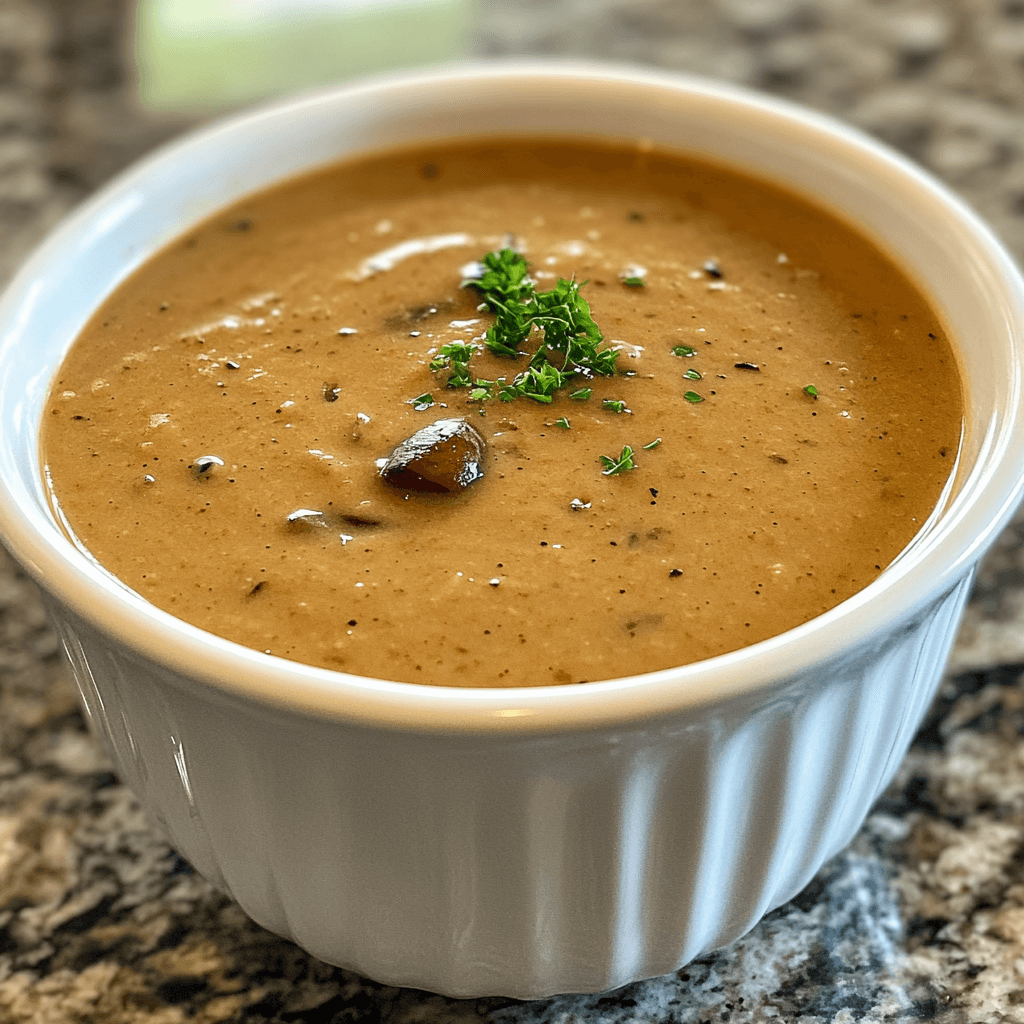 A bowl of creamy chestnut mushroom soup garnished with herbs and served with a slice of bread, perfect for cozy nights.