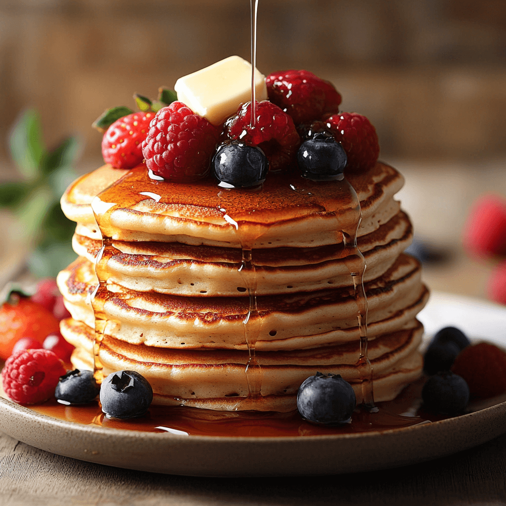 A stack of fluffy, golden-brown pancakes made with Krusteaz Pancake Mix, topped with fresh berries, a drizzle of maple syrup, and a pat of melting butter, sitting on a plate with a cozy, warm breakfast ambiance.