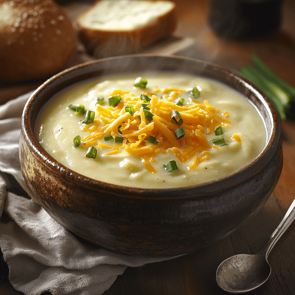 A steaming bowl of creamy potato soup in a rustic ceramic bowl, garnished, shredded cheddar cheese, and finely chopped green onions. The bowl is placed on a wooden table with a linen napkin and a loaf of crusty bread in the background, creating a warm and inviting setting.