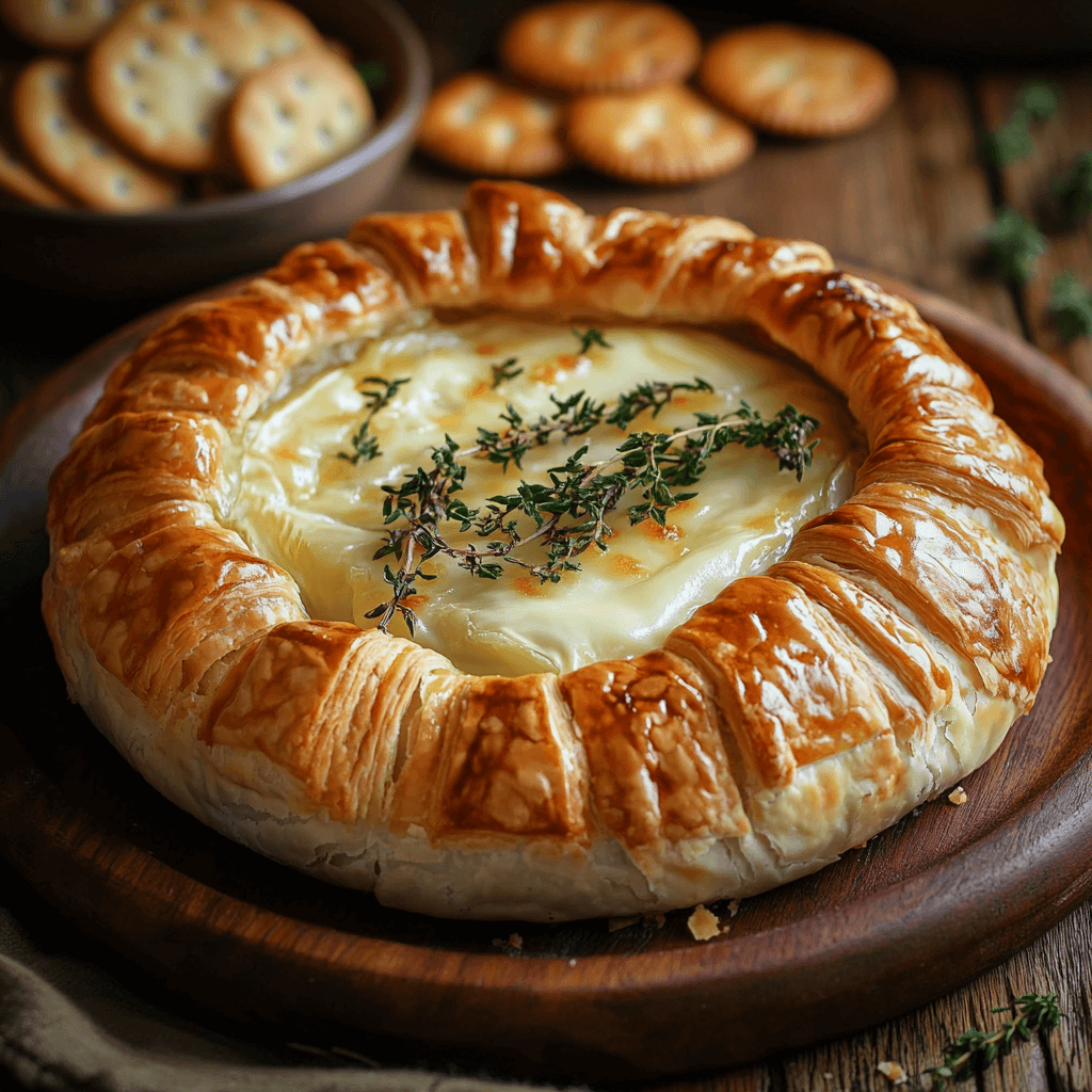 A golden, flaky baked brie wrapped in puff pastry, with a gooey, melted center, garnished with fresh herbs and served with crackers on a wooden platter.