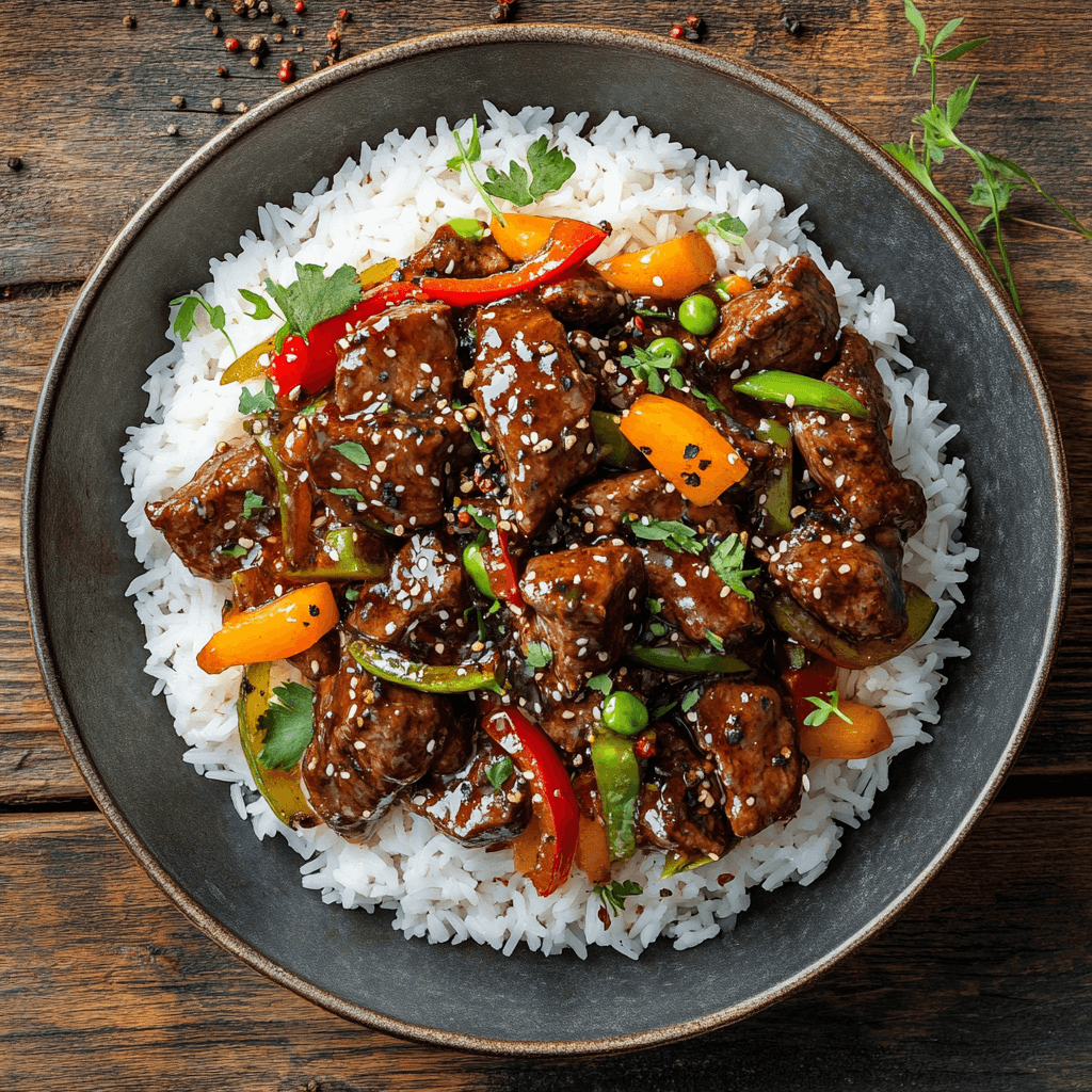 Close-up of a savory black pepper beef stir-fry with tender beef slices, colorful vegetables, and a glossy pepper sauce, served with rice and garnished with herbs.