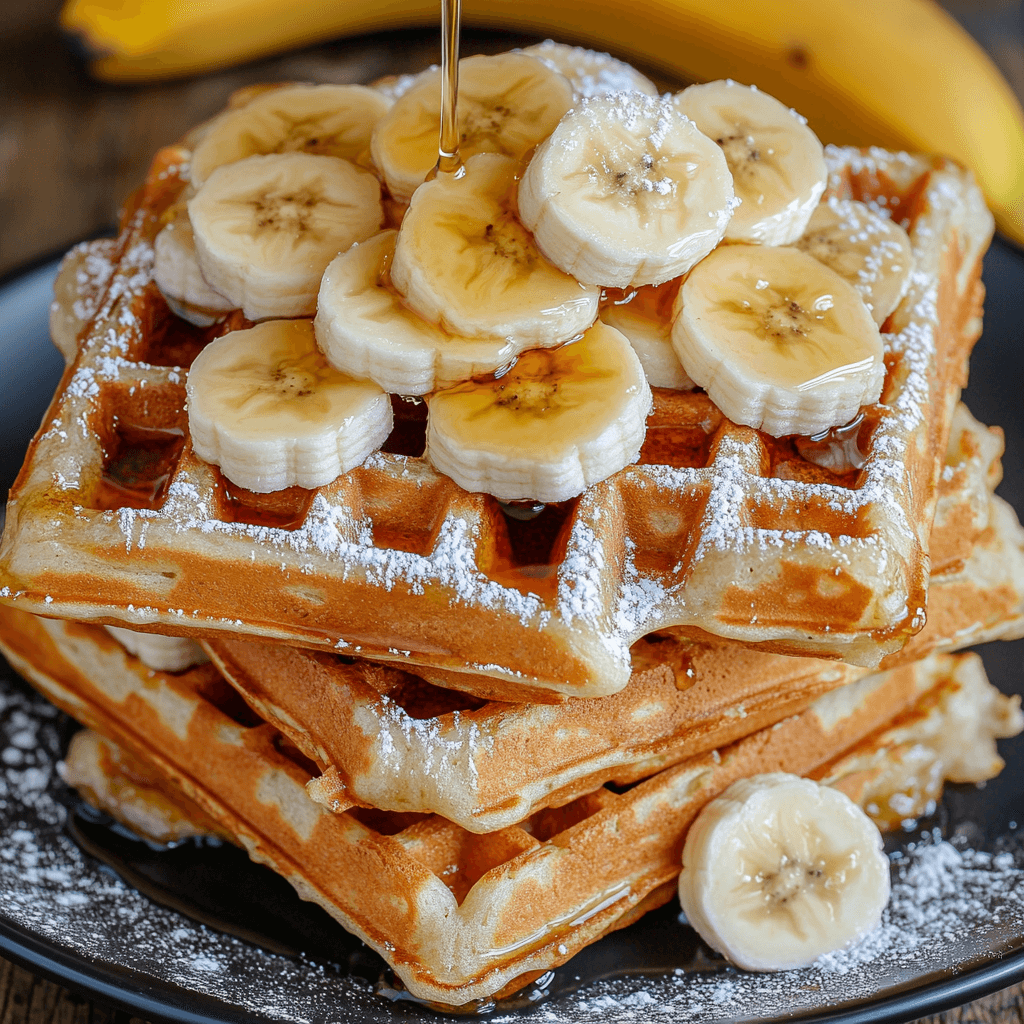 A stack of freshly made banana waffles topped with banana slices and drizzled with syrup. The waffles are golden brown with a crispy exterior and a soft, fluffy interior, offering a delicious breakfast treat.