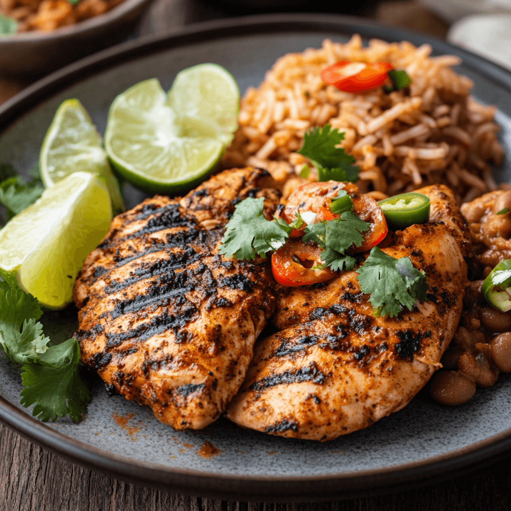 Grilled Mexican chicken with char marks, cilantro garnish, lime wedges, served with Mexican rice and refried beans, inspired by San Antonio cuisine.