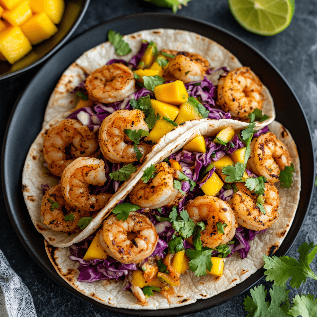 Grilled shrimp tacos with jalapeño mango slaw served on a plate with lime wedges