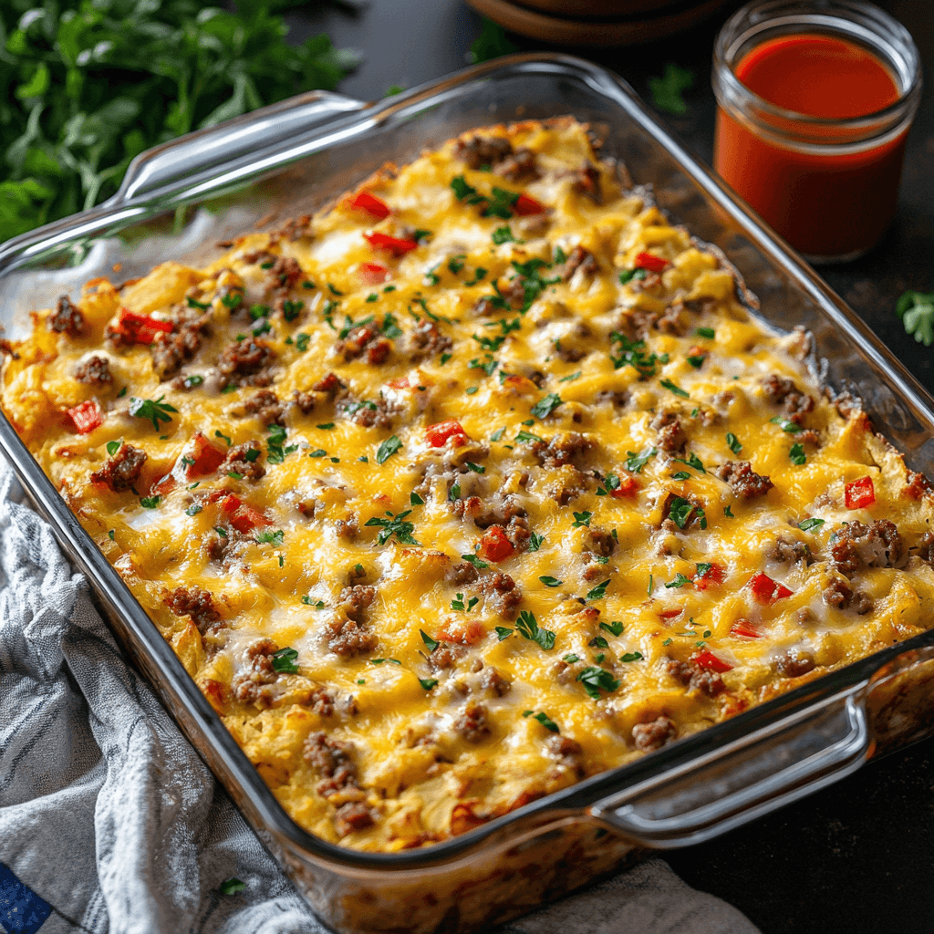 Golden, cheesy hash brown breakfast casserole with eggs and melted cheese, served in a white dish for a comforting and hearty breakfast.