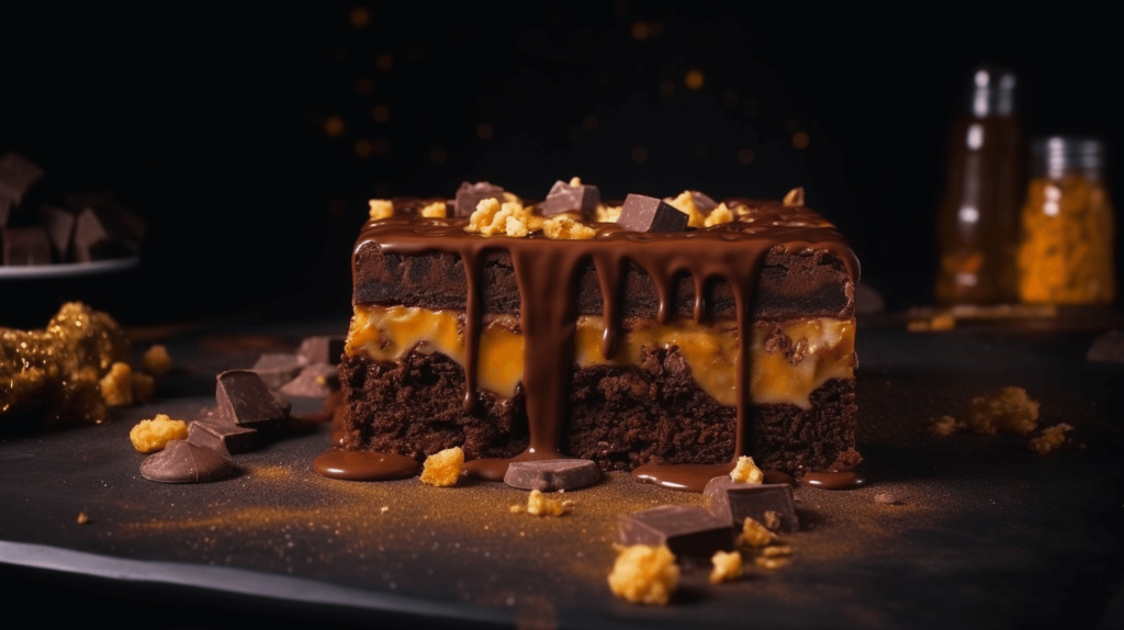 A delicious brookie dessert featuring a chocolate brownie base topped with a golden chocolate chip cookie layer, elegantly styled with a natural rustic touch.