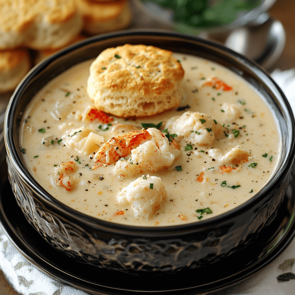 Delicious creamy lobster bisque soup served in a bowl, garnished with fresh herbs.