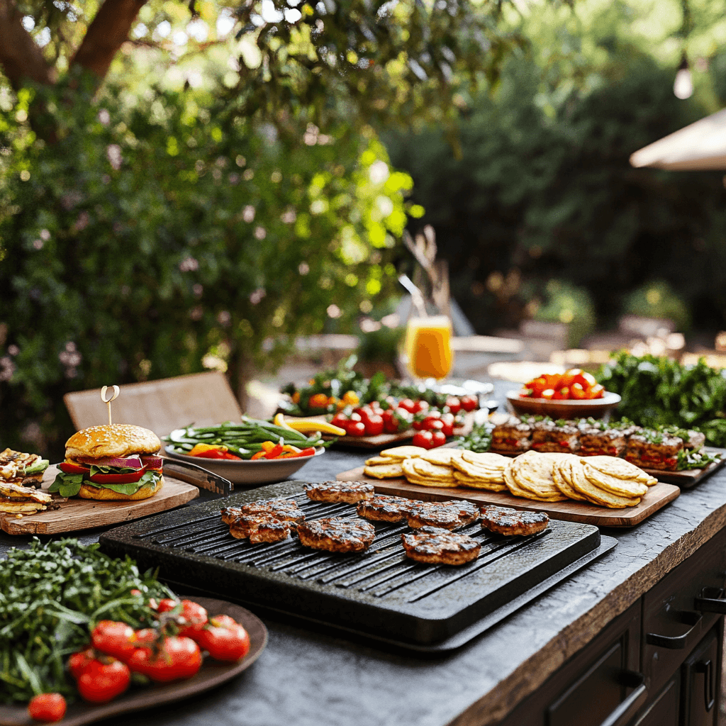 A backyard cooking setup featuring a Blackstone griddle surrounded by sizzling burgers, colorful vegetables, and pancakes, with warm lighting and greenery creating a cozy and inviting outdoor atmosphere.