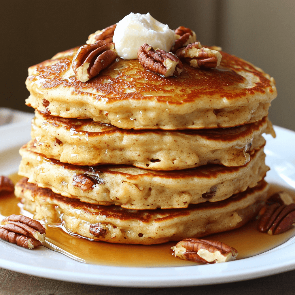 Fluffy pecan pancakes topped with syrup and pecan pieces, served on a plate for a delicious breakfast.