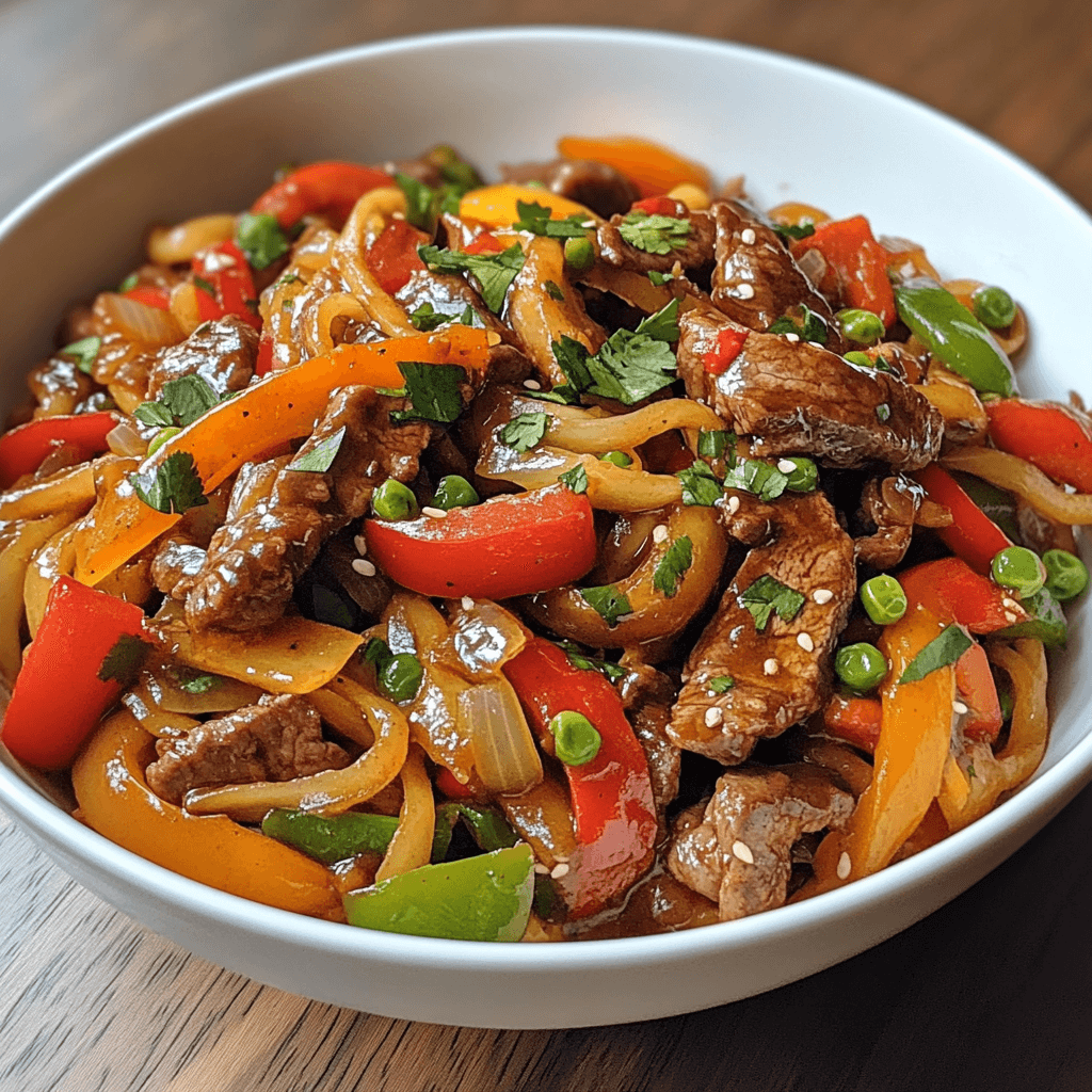 A sizzling pan of savory beef stir-fry with colorful vegetables like bell peppers, onions, and broccoli, cooked to perfection with a glossy sauce.