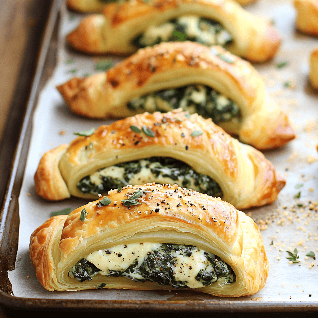 Delicious spinach and cheese stuffed twists, golden and flaky, served as a savory snack or appetizer.