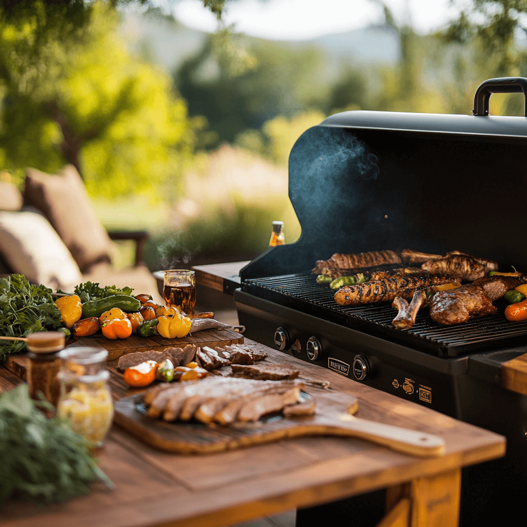 A backyard barbecue featuring a Traeger grill surrounded by happy guests, with smoked meats, vegetables, and grilled dishes on a rustic wooden table. The scene is set with vibrant greenery, string lights, and cozy outdoor seating, creating a warm and inviting atmosphere.