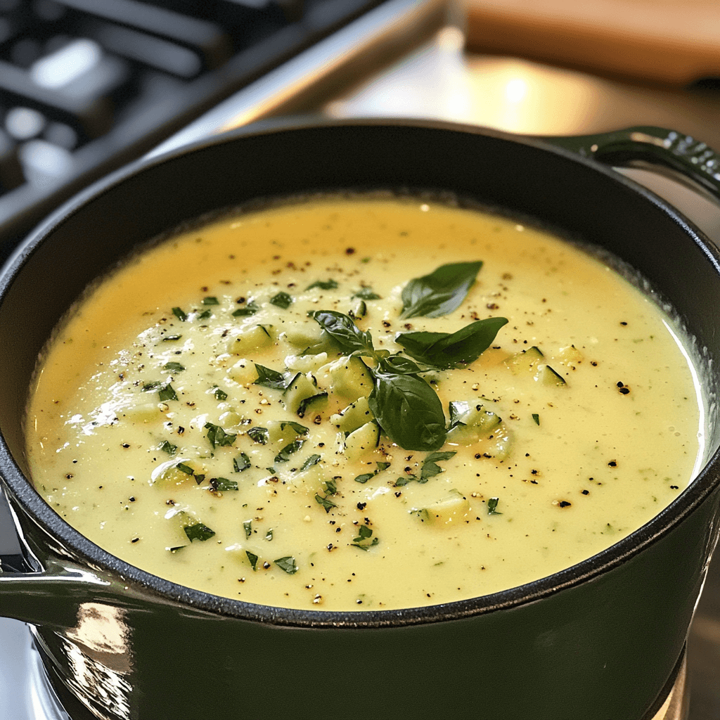 A beautifully set table featuring a bowl of zucchini soup, fresh salad, and glasses of water, perfect for a healthy meal.