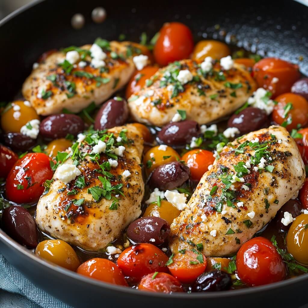 Delicious Mediterranean Herb Chicken Skillet with cherry tomatoes, Kalamata olives, feta cheese, and fresh parsley.