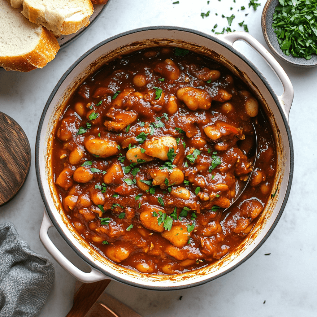 A bowl of homemade baked beans with smoky sauce, garnished with crumbled bacon and served with crusty bread on a wooden table.