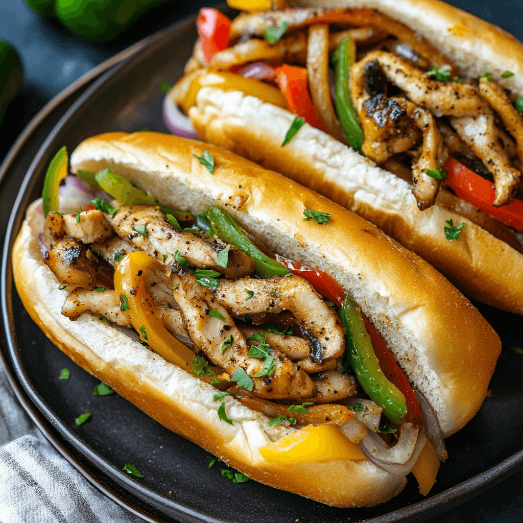 Delicious chicken cheesesteak sandwich with melted provolone, sautéed peppers, onions, and chicken, served on a hoagie roll.