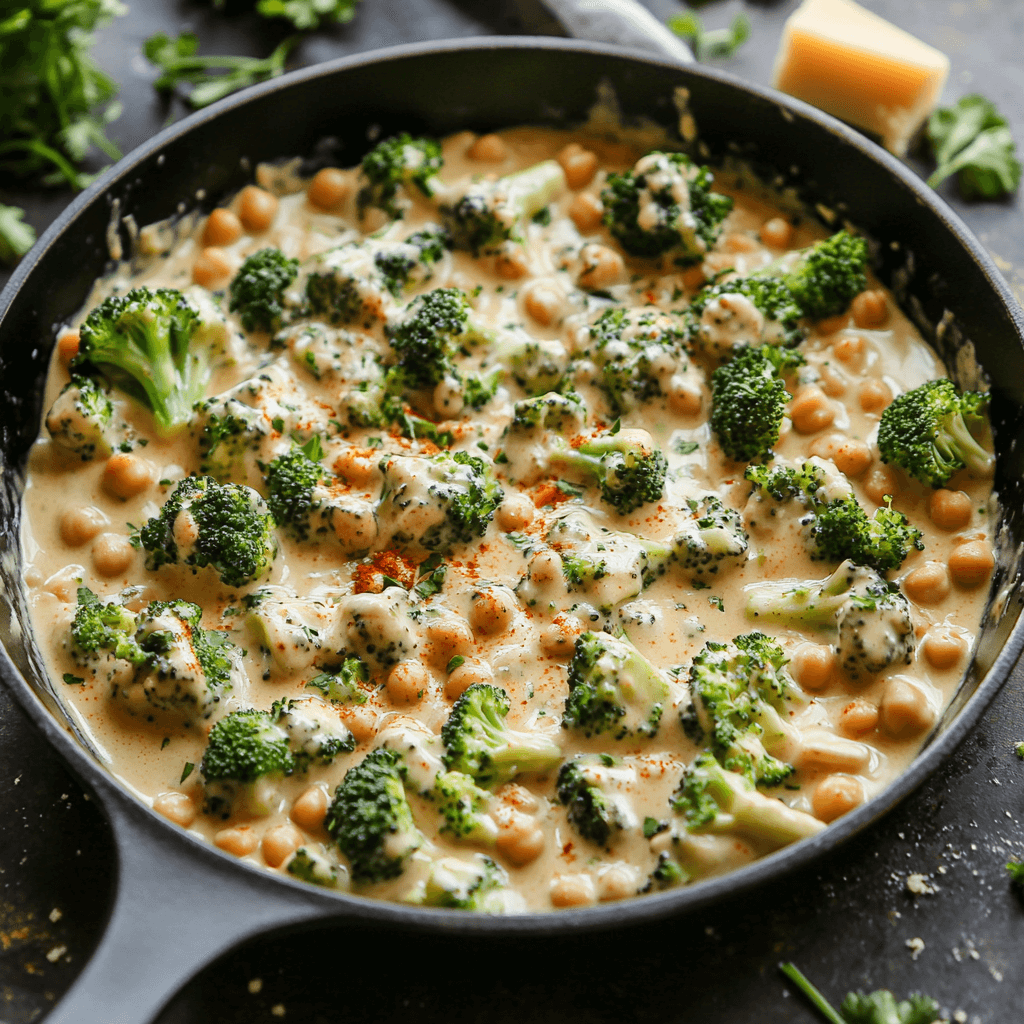 Chickpea broccoli Alfredo skillet served in a pan, featuring creamy Alfredo sauce, tender broccoli florets, and hearty chickpeas.