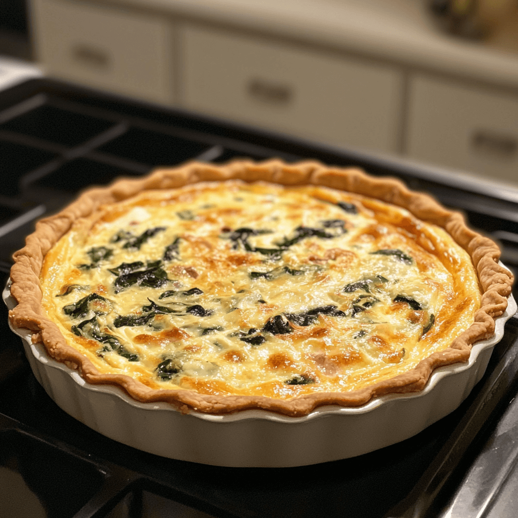 Classic quiche recipe with flaky crust, creamy filling, and a variety of savory toppings like bacon, spinach, and cheese.