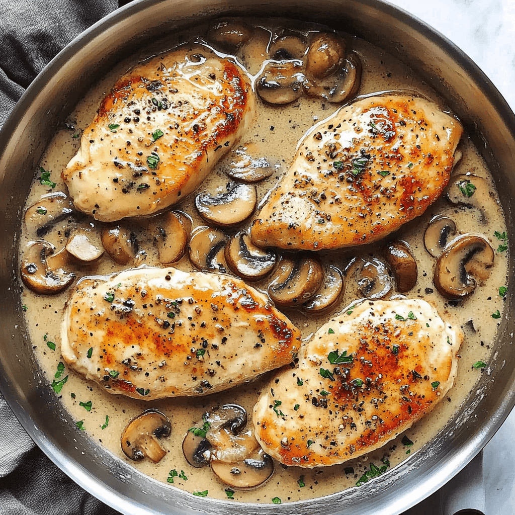 A plate of creamy Chicken Marsala featuring tender chicken breasts, sautéed mushrooms, and a rich cream sauce, garnished with fresh parsley.
