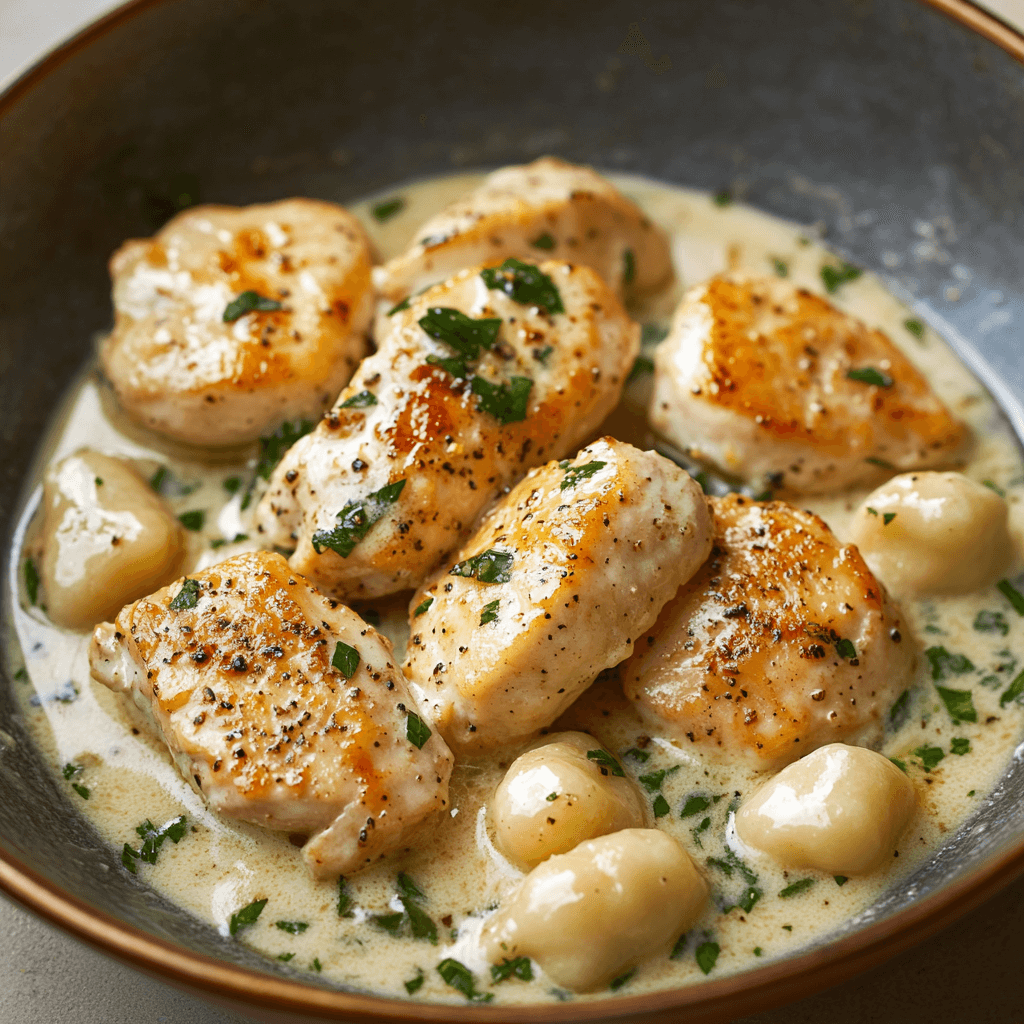 Plate of creamy chicken piccata with gnocchi, garnished with fresh parsley.