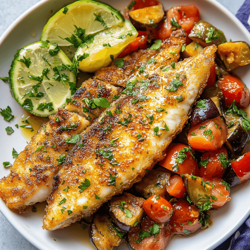 A plate of crispy fried flounder fillets with a golden, crunchy coating, served alongside a vibrant side dish of sautéed eggplant, juicy tomatoes, minced garlic, and garnished with fresh cilantro and parsley.