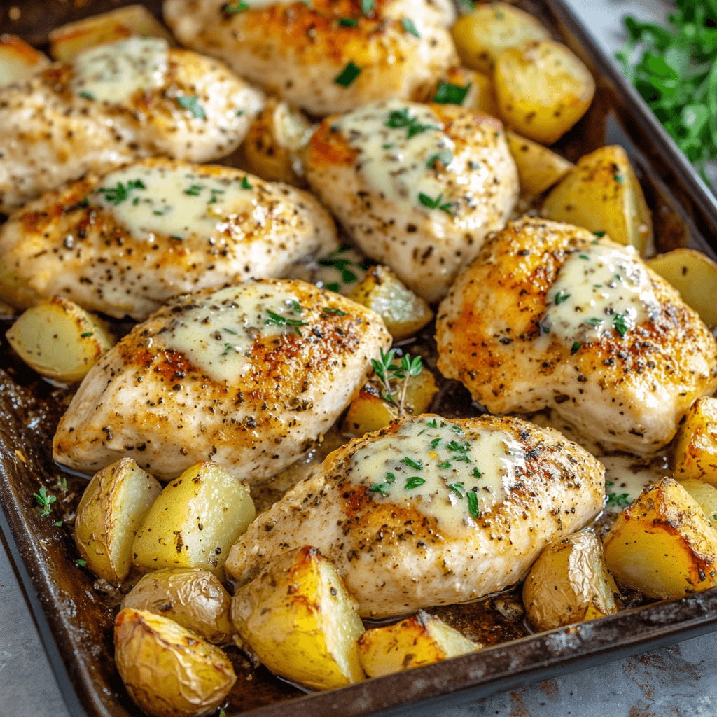 Garlic Parmesan Chicken and Potatoes with golden roasted potatoes, juicy chicken breasts, and a creamy garlic parmesan sauce, garnished with fresh parsley.