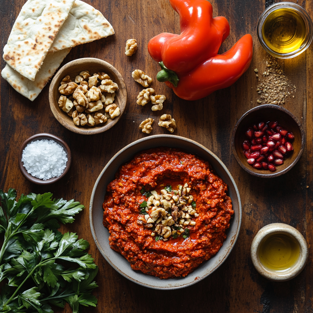Authentic Muhammara dip with roasted red peppers, walnuts, and pomegranate molasses, served with pita bread.