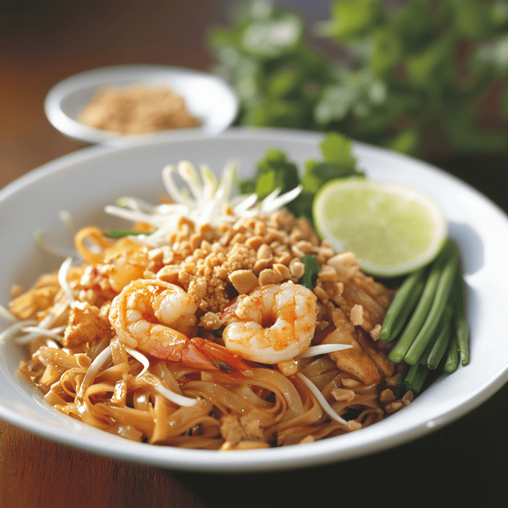 Authentic homemade Pad Thai with stir-fried noodles, shrimp, vegetables, and a tangy sauce, served in a bowl.