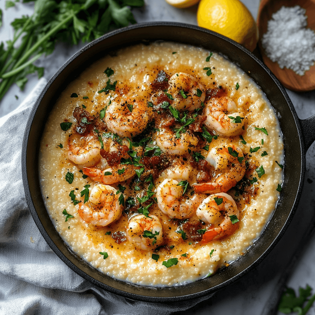 A delicious serving of shrimp and grits topped with crispy bacon and fresh parsley, served in a bowl for a comforting Southern meal.