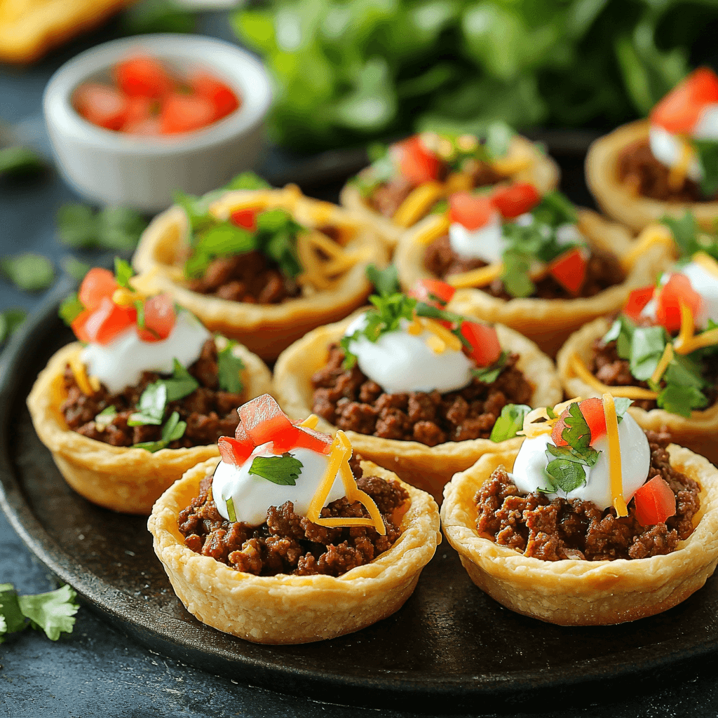 Delicious bite-sized taco beef tarts filled with seasoned beef, topped with shredded cheese, lettuce, tomatoes, and sour cream, served as appetizers.