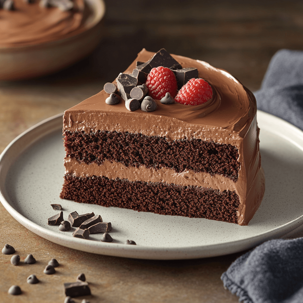 Triple chocolate cake with cocoa layers, chocolate ganache, and creamy frosting, garnished with chocolate shavings and mini chocolate chips.