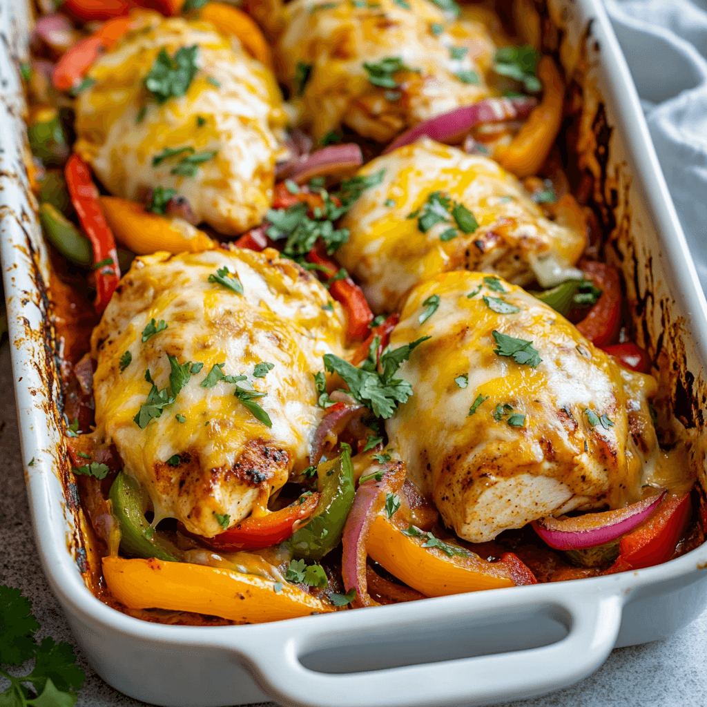 A close-up of cheesy baked fajita chicken in a baking dish, topped with melted cheese, vibrant bell peppers, and fresh cilantro.