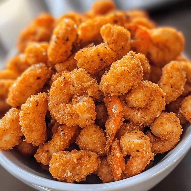 Plate of crispy popcorn shrimp served with dipping sauces, showcasing golden, crunchy shrimp with a side of lemon wedges.