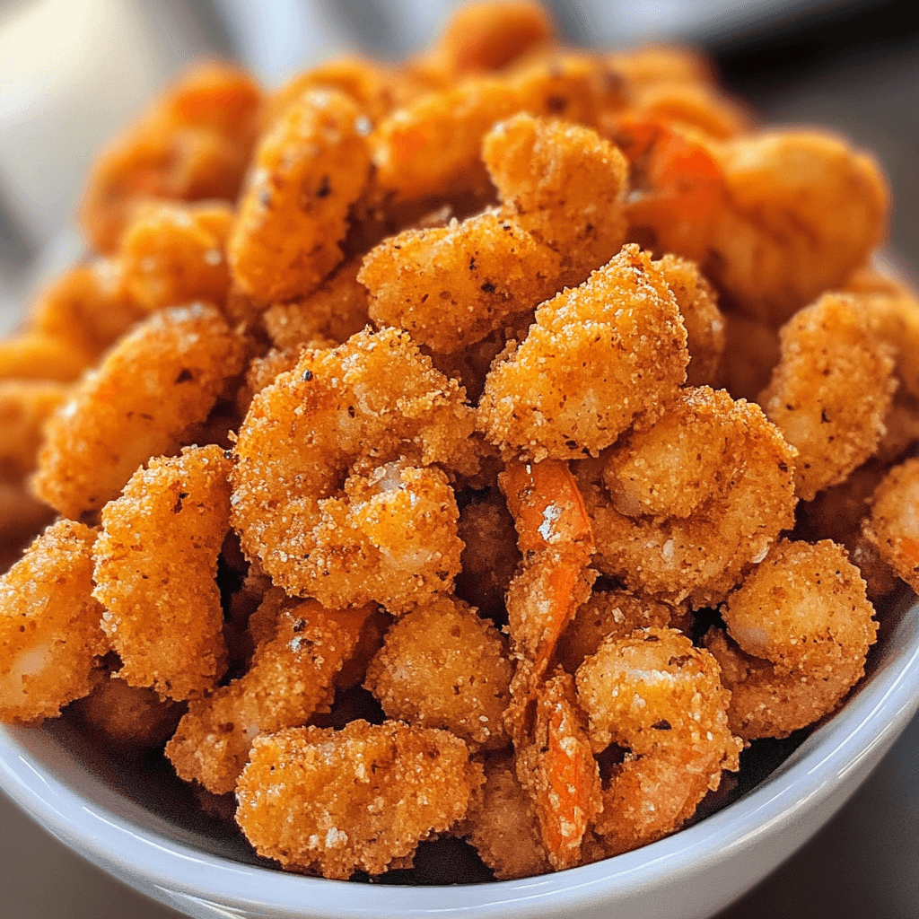 Plate of crispy popcorn shrimp served with dipping sauces, showcasing golden, crunchy shrimp with a side of lemon wedges.
