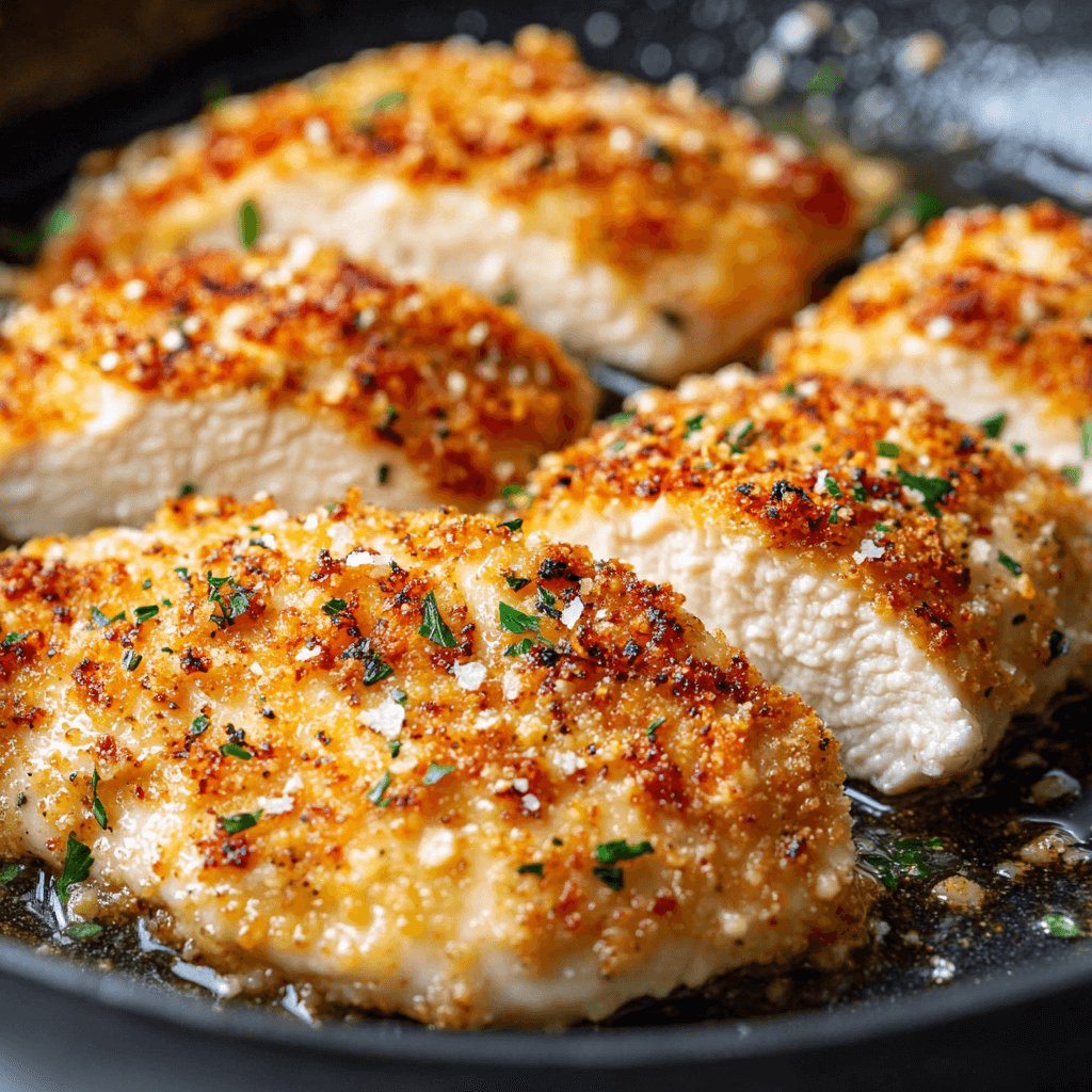 A crispy, golden-brown Parmesan crusted chicken breast on a plate, garnished with fresh parsley and served with a side of roasted vegetables.