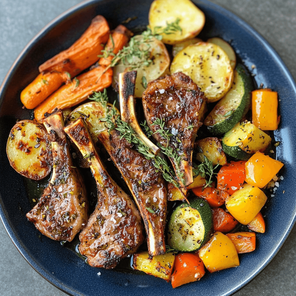 A cozy dinner setup featuring lamb chops, baked veggies